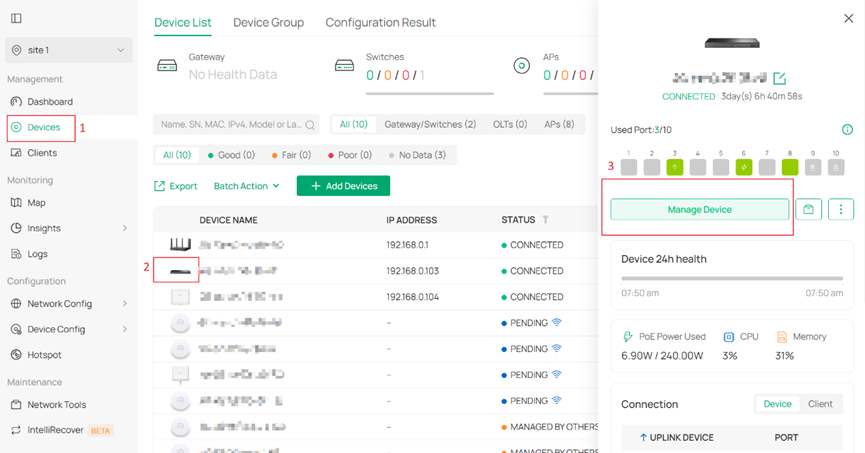 Show the position of Manage Device.