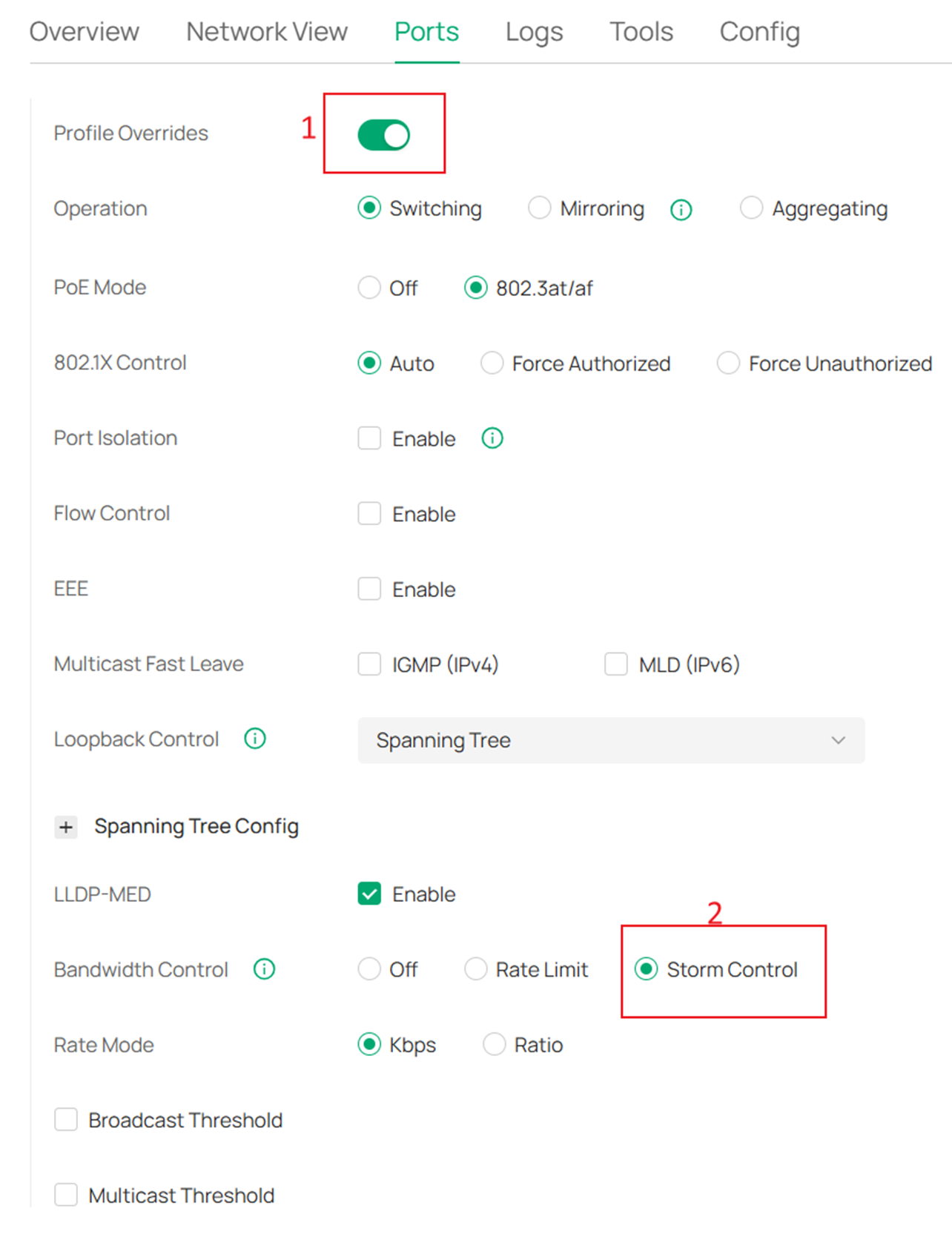 Show the position of Storm Control in Profile Overrides.