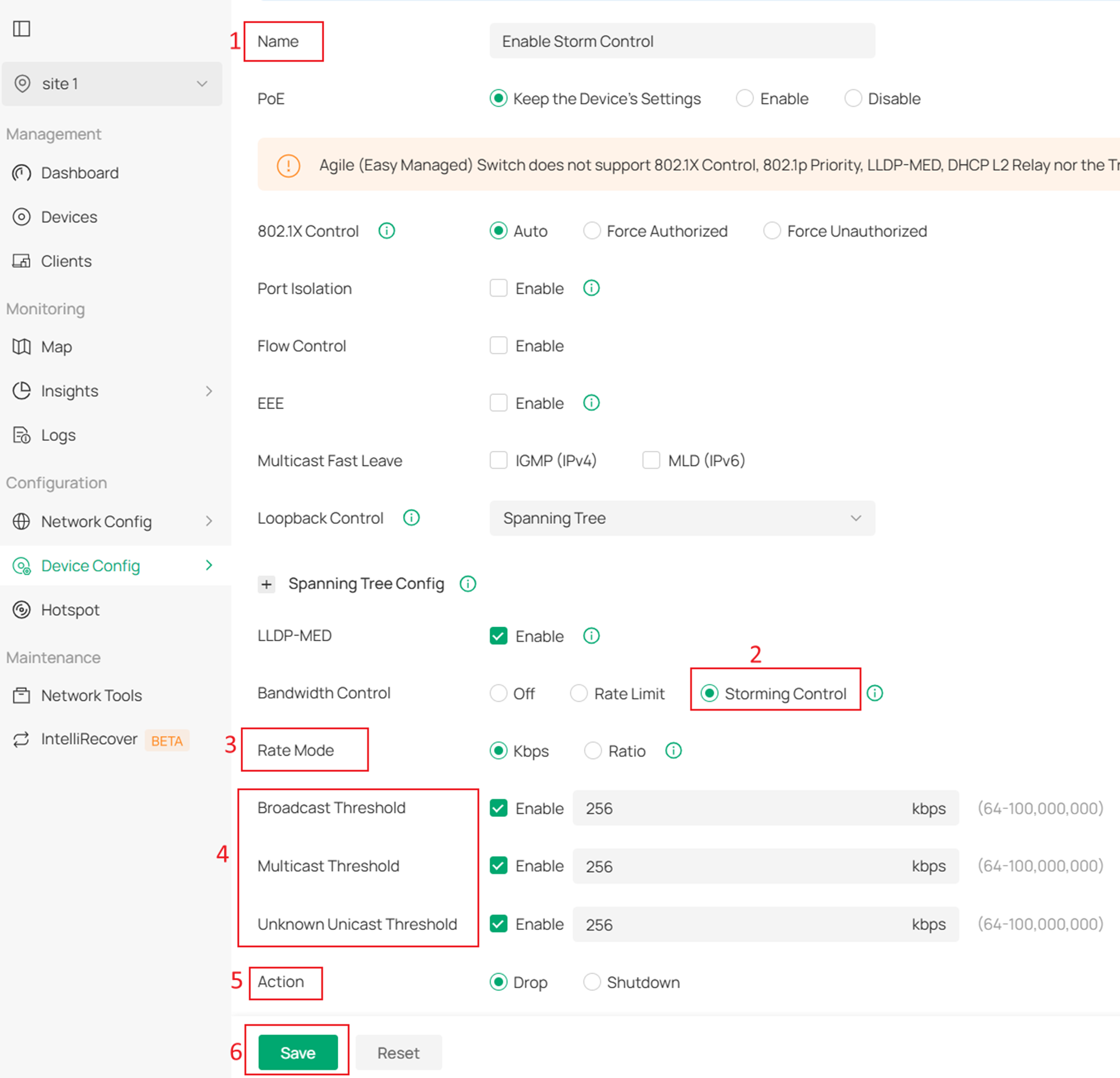 The configurations for a port profile. Here, you can enable Storming Control and configure Broadcast Threshold, Multicast Threshold, Unknown Unicast Threshold, and Action.