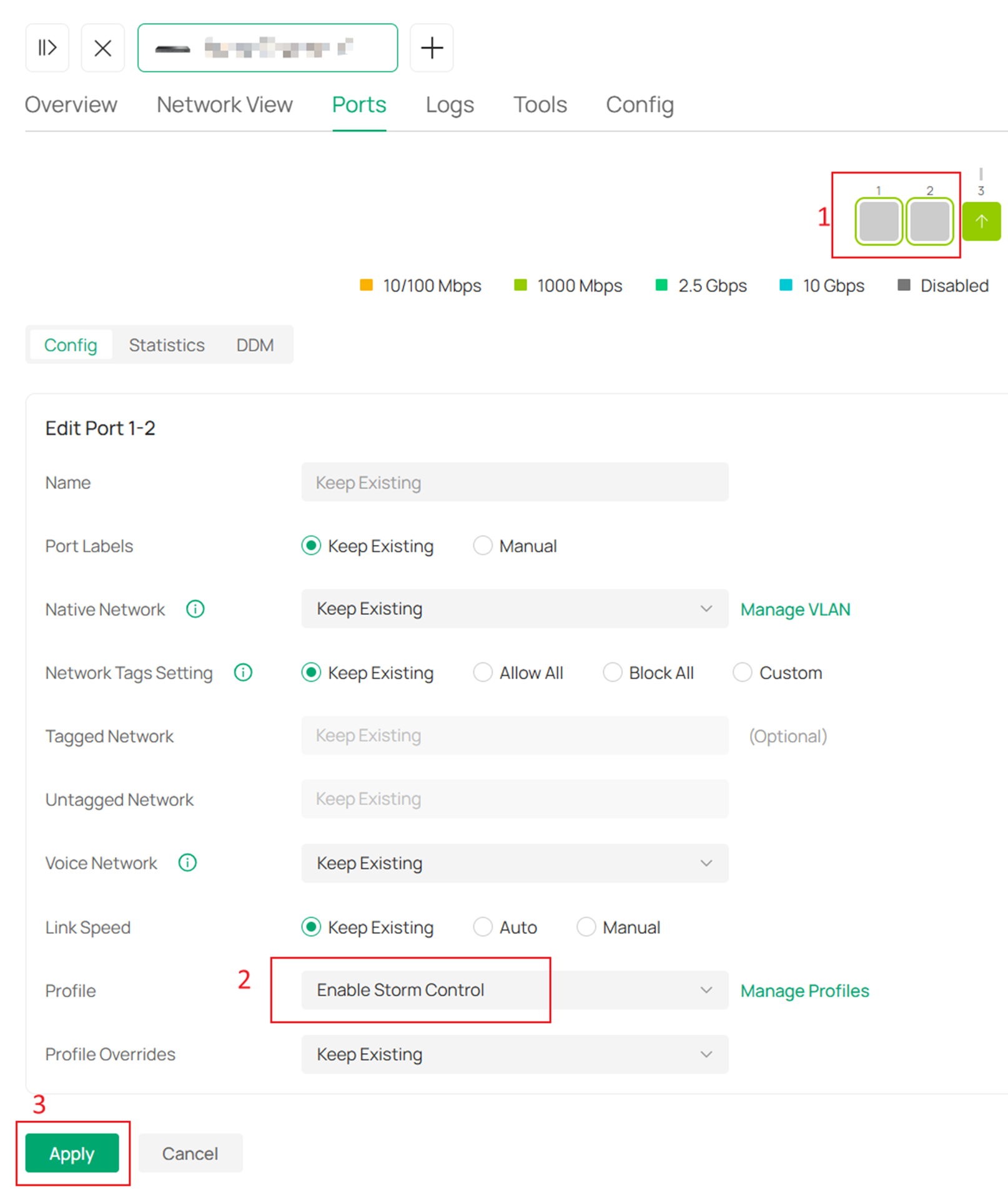 Choose the storm control profile to apply to the specific port and click Apply to save the configuration.