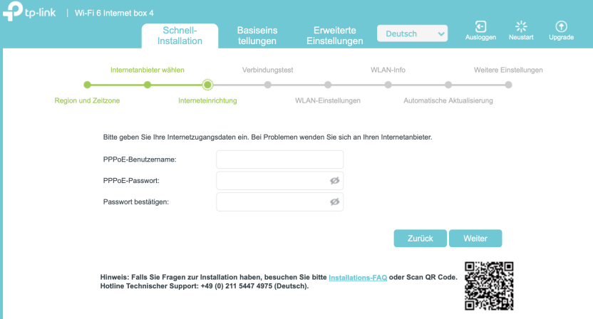 Internet-Konfigurationsoberfläche nach Auswahl des DSL-Anschlusses.