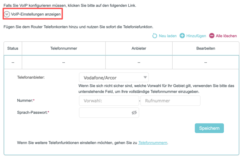 VoIP-Konfigurationsoberfläche