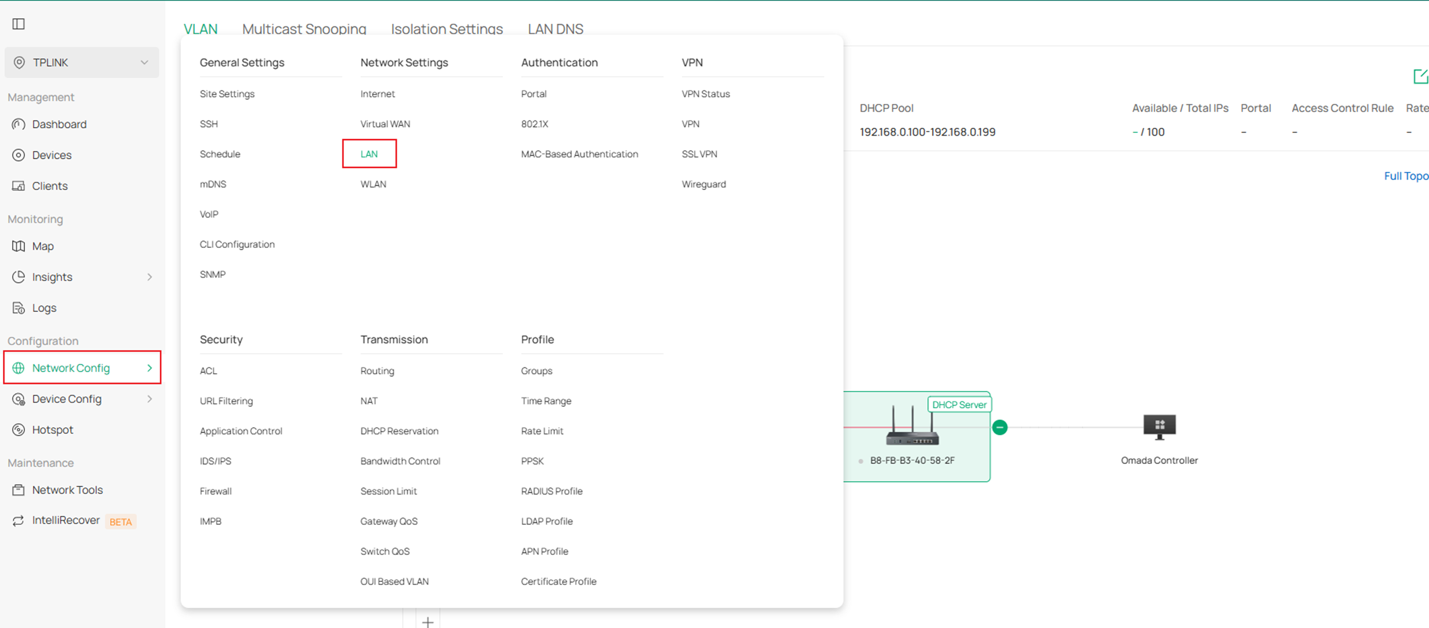 The position to find LAN setting on Controller webpage.