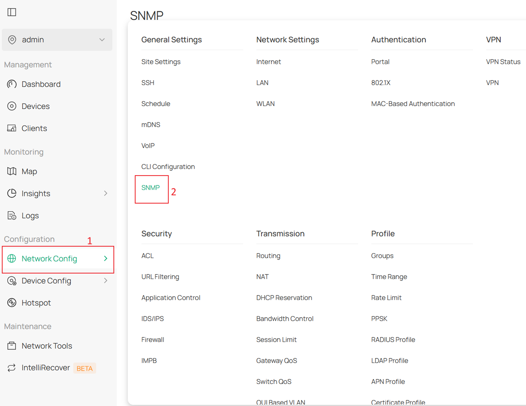 Show the position of SNMP in Site.