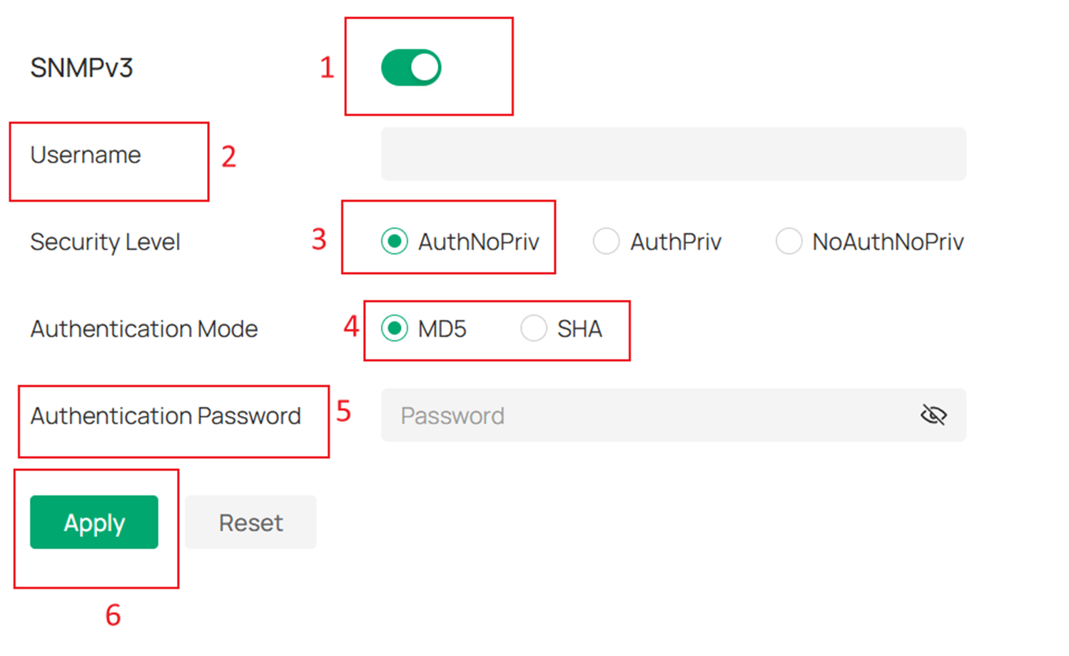 Show the parameters of SNMPv3 in AuthNoPriv mode.