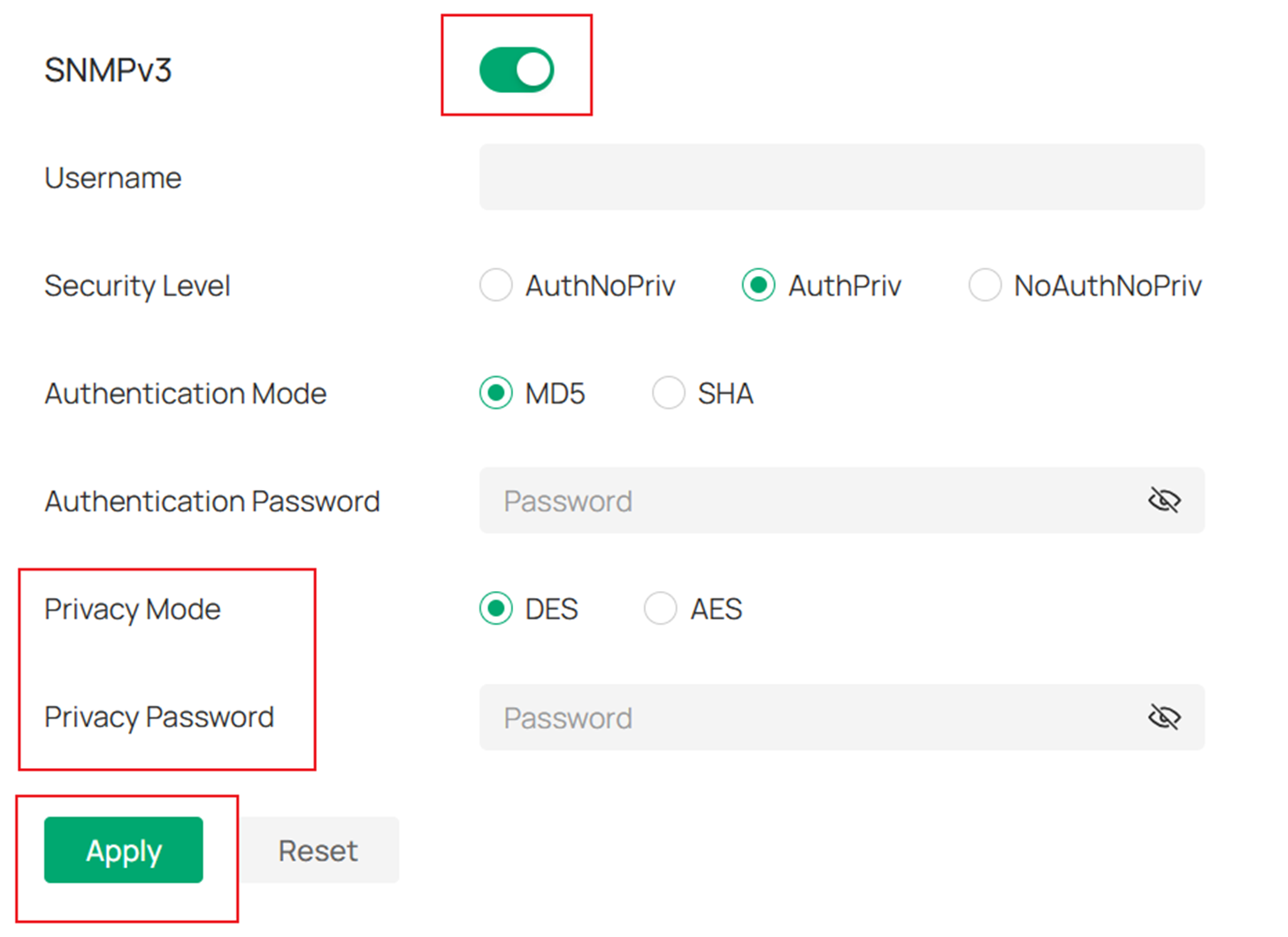 Show the parameters of SNMPv3 in AuthPriv mode.