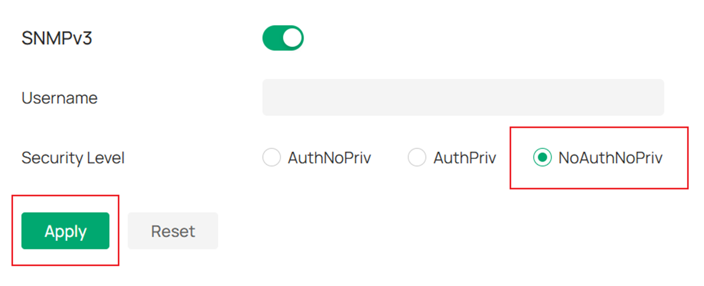 Show the parameters of SNMPv3 in NoAuthNoPriv mode.