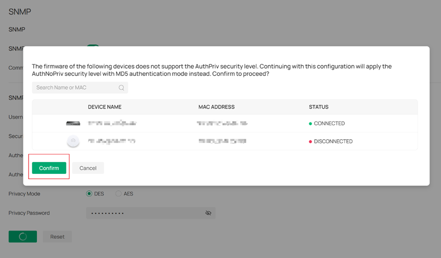 Show the page of a list of devices whose current firmware does not support the new SNMPv3 version.