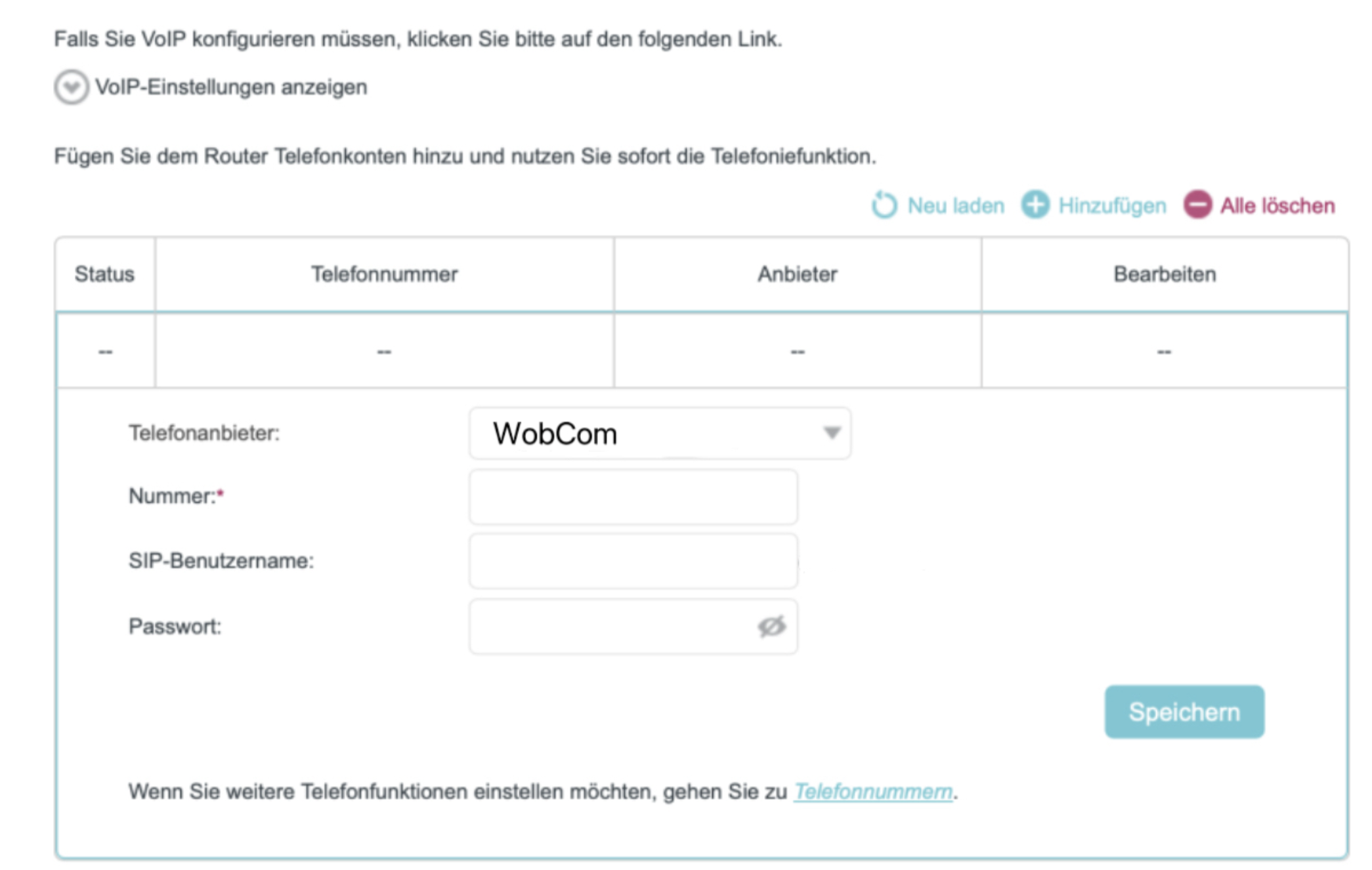 VoIP-Konfigurationsoberfläche