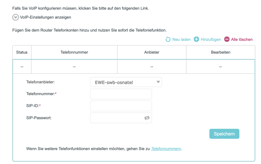 VoIP-Konfigurationsoberfläche