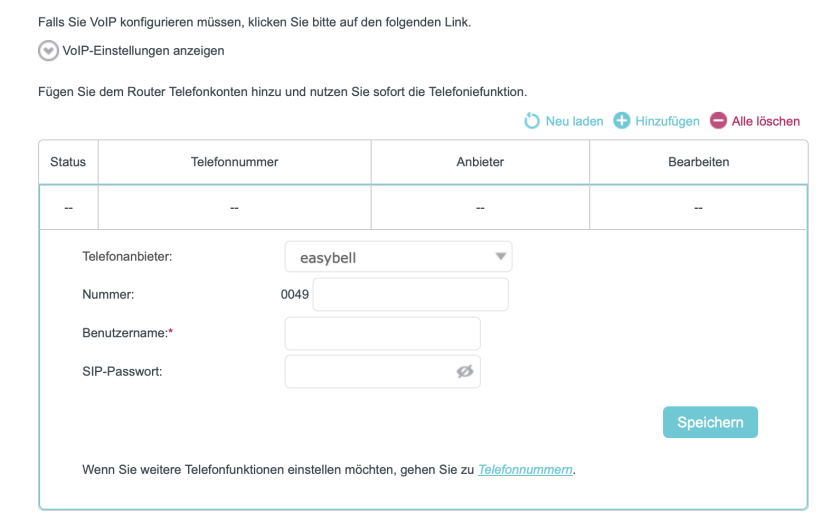 VoIP-Konfigurationsoberfläche