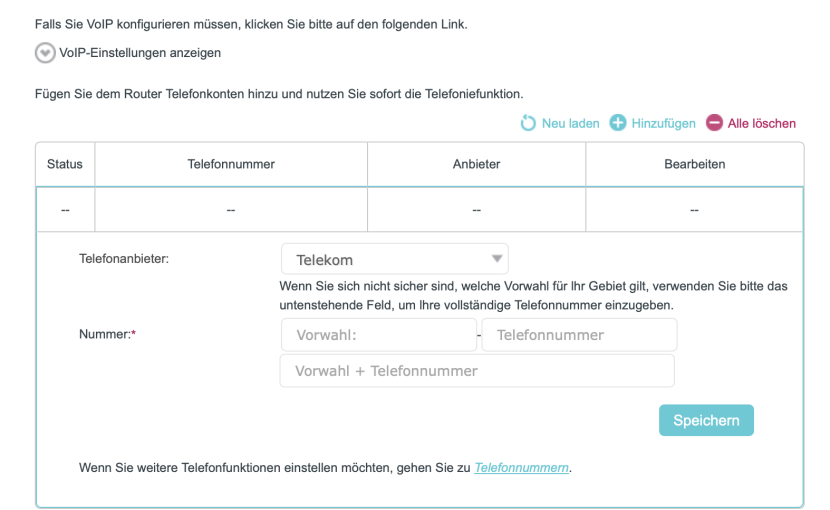 VoIP-Konfigurationsoberfläche
