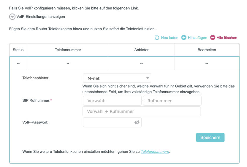 Schnittstelle für die VoIP-Konfiguration