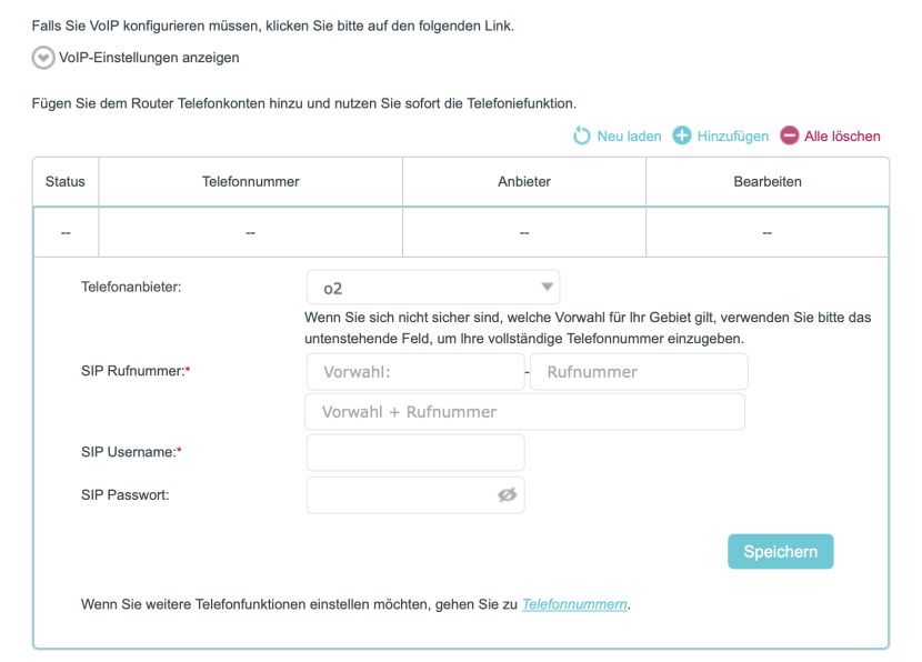 Schnittstelle für die VoIP-Konfiguration