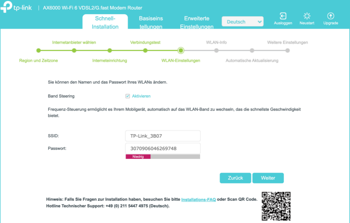 Konfigurationsoberfläche für das WLAN-Netzwerk