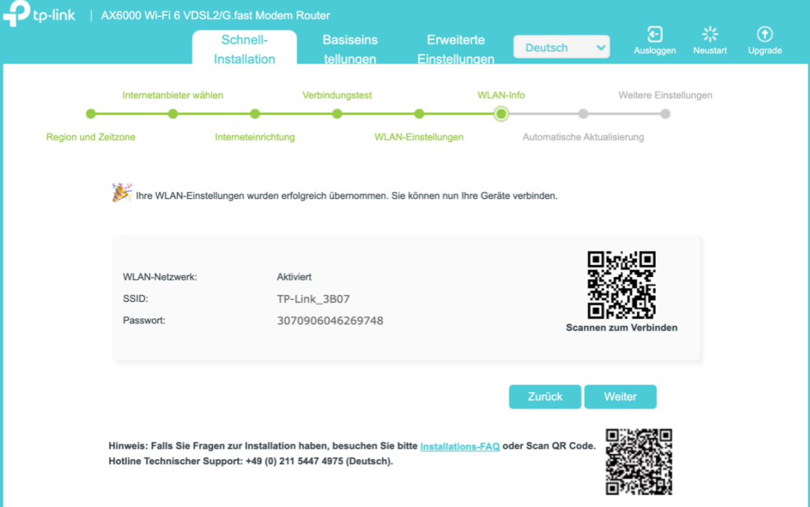 Details zum WLAN-Netzwerk mit QR-Code.
