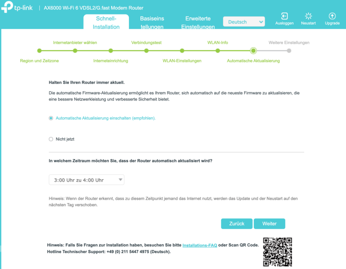 Konfigurationsoberfläche für das Firmware-Update