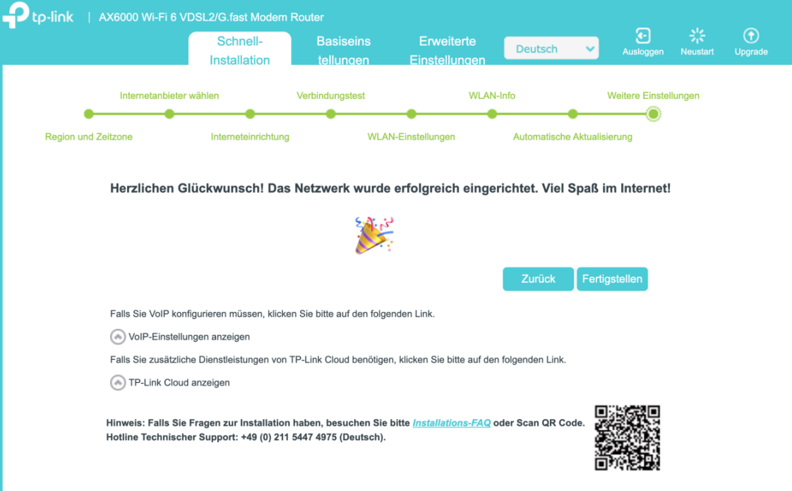 Letzte Seite der Schnellkonfiguration.