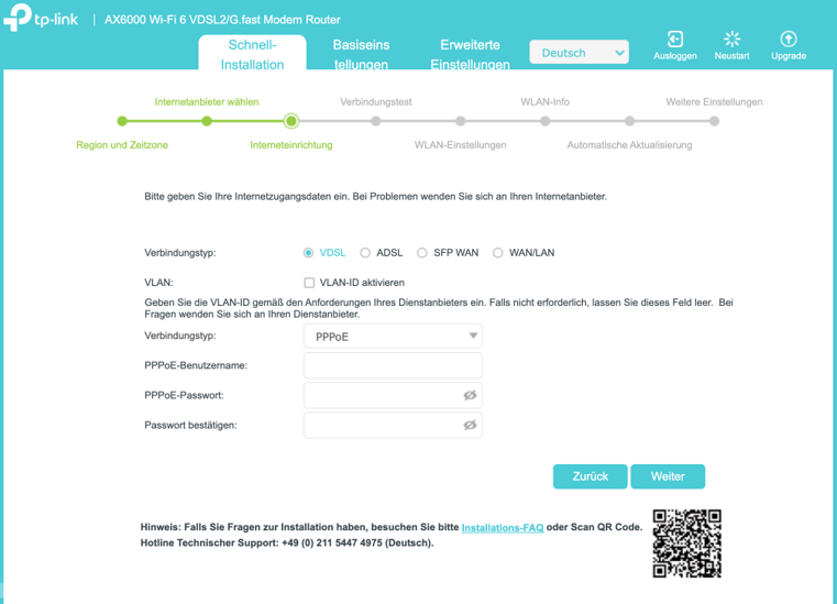 Schnittstelle für die Internetkonfiguration