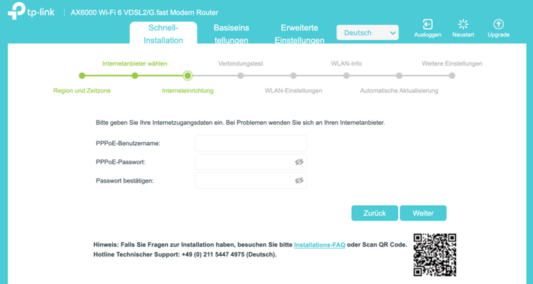Schnittstelle für die Internetkonfiguration