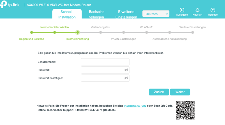 Schnittstelle für die Internetkonfiguration