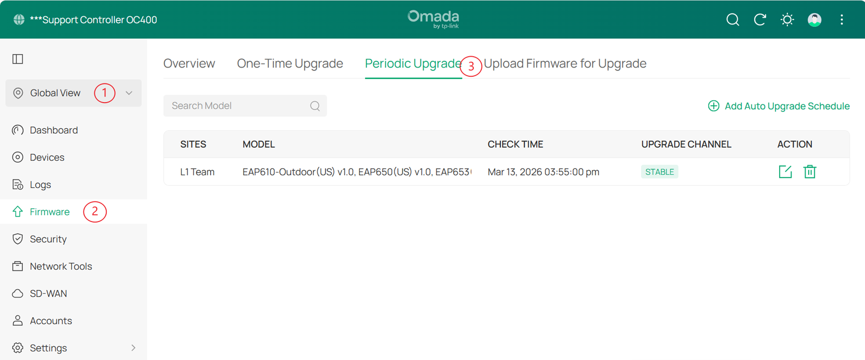 Screenshot of Omada Controller path to Periodic Upgrades.