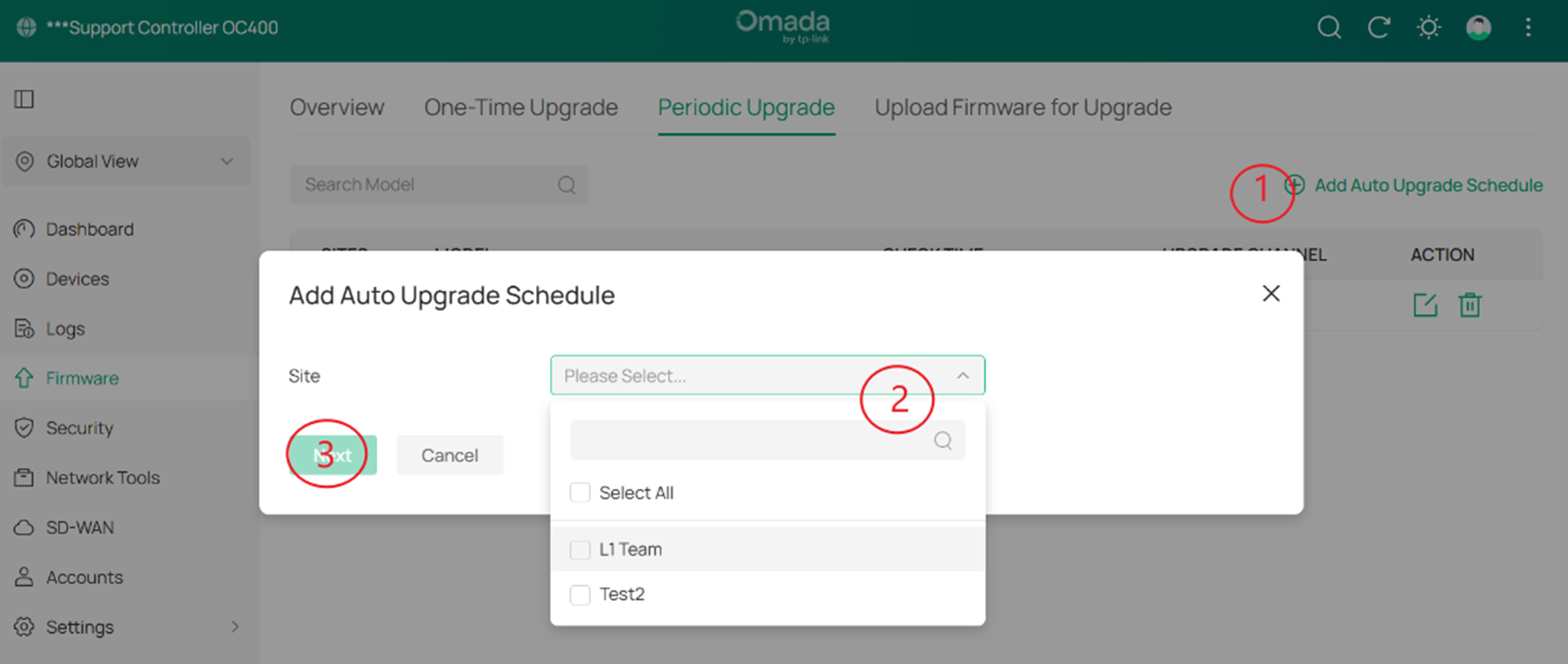 Screenshot of Omada Controller path to Periodic Upgrades Site Dropdown.