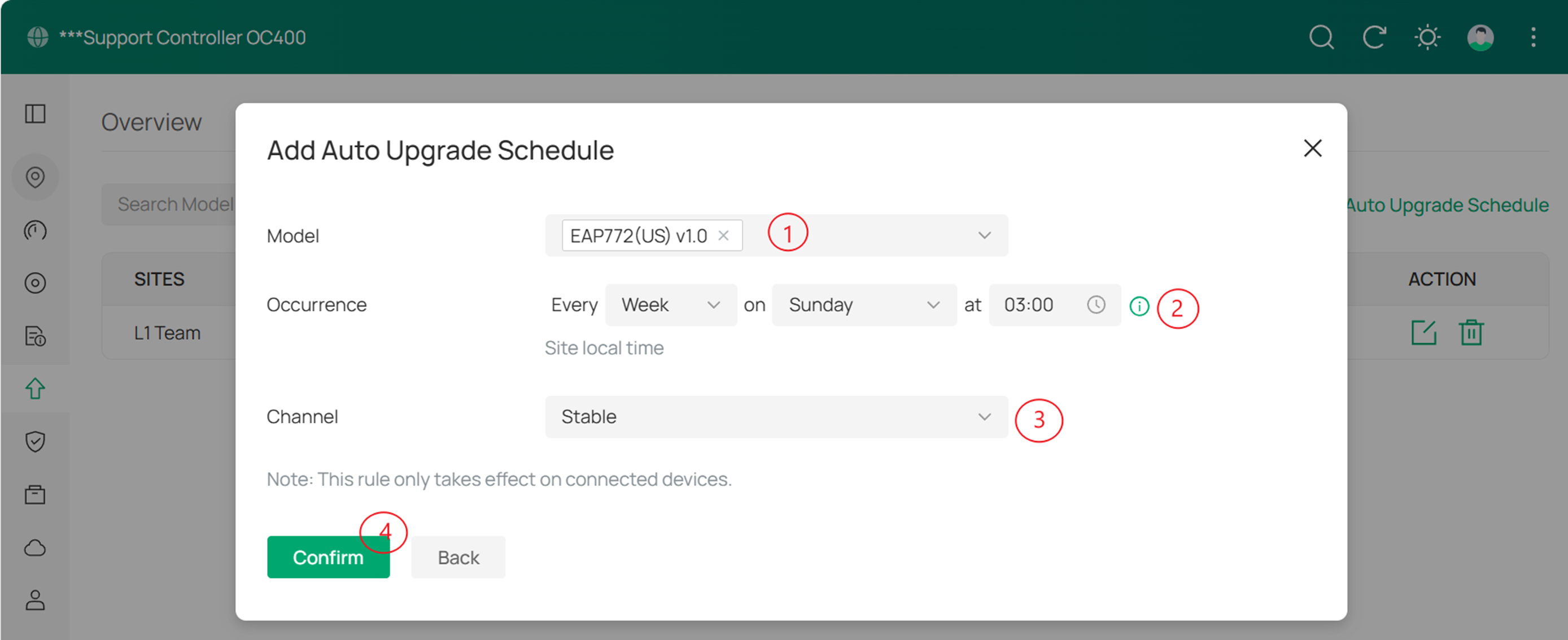 Screenshot of Omada Controller path to Periodic Upgrades path to Model, Occurence and Channel configuration.
