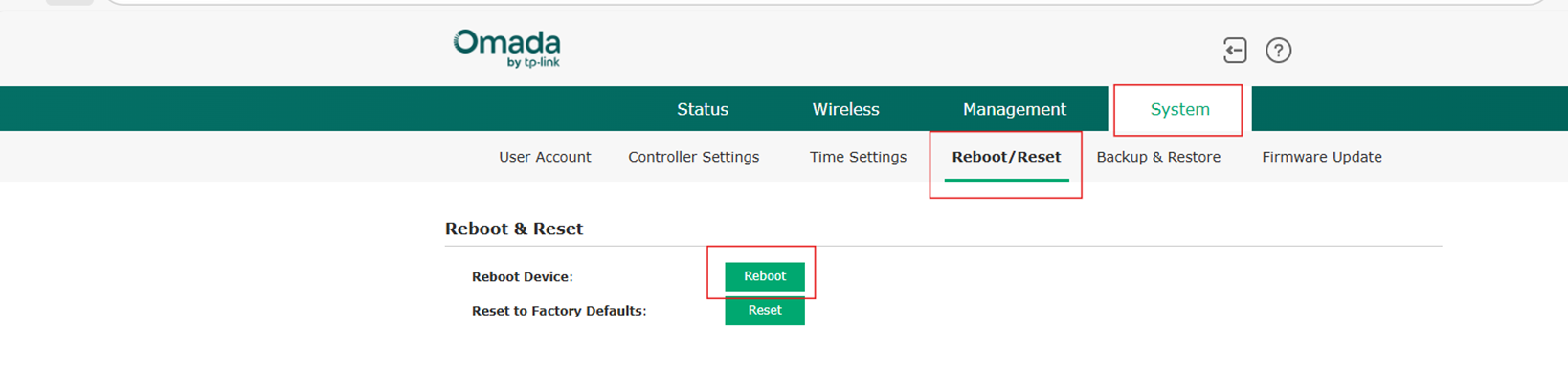 Screenshot of Omada EAP Standalone mode Reboot device.