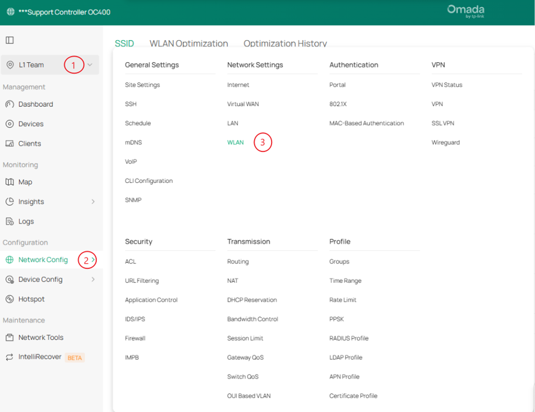 Screenshot of Omada Controller path to WLAN.