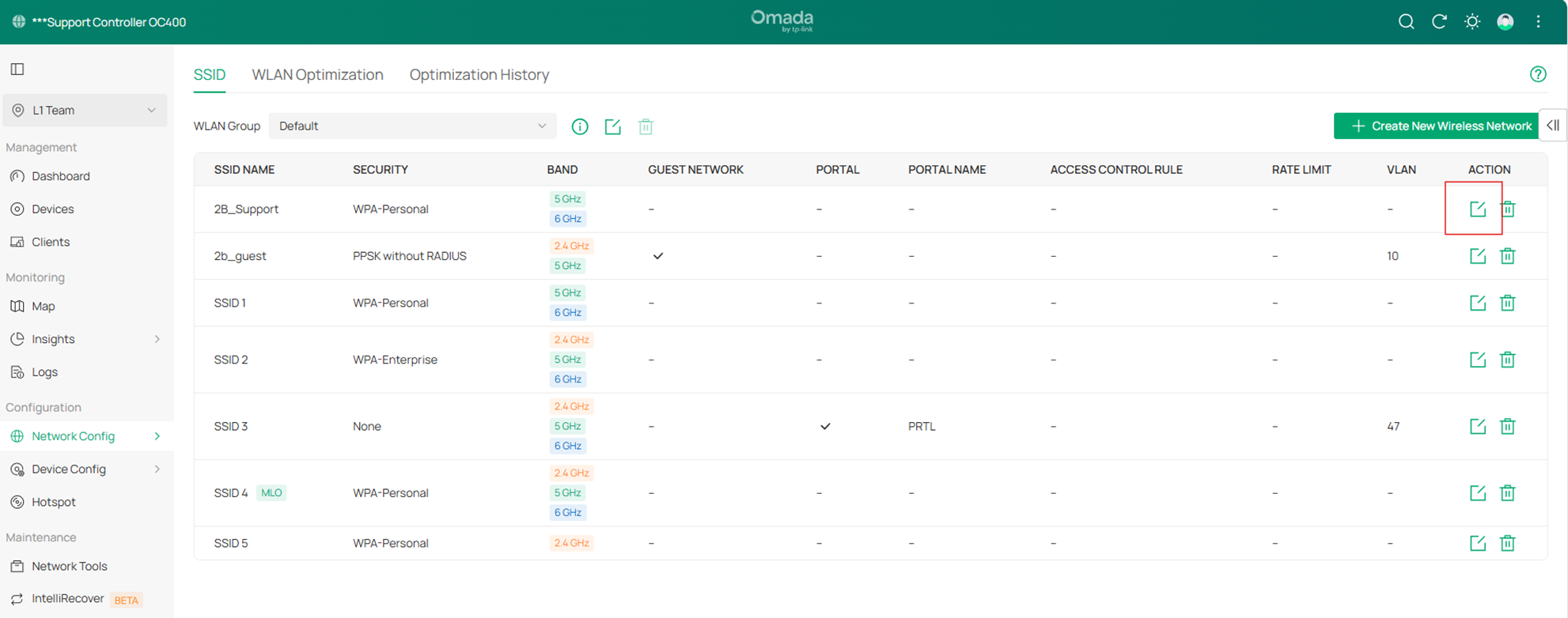 Screenshot of Omada Controller path to Edit an SSID.