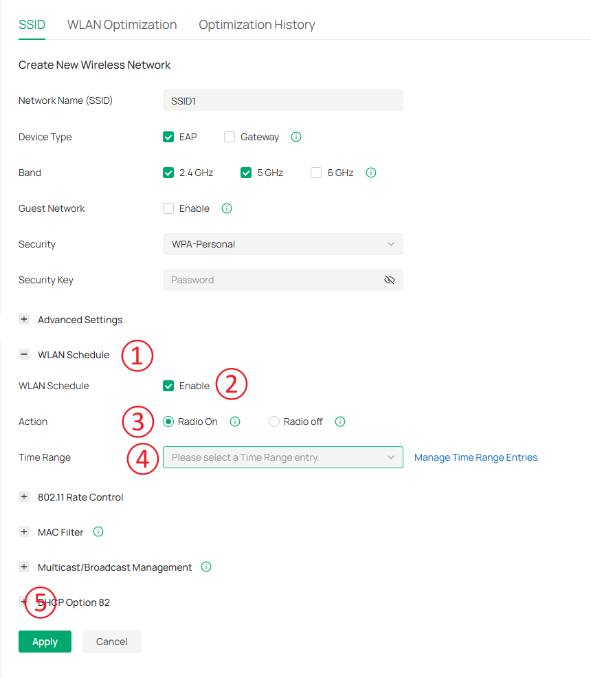 Screenshot of Omada Controller path to WLAN Schedule.