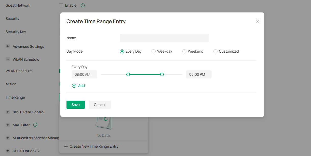 Screenshot of Omada Controller path to create a New Time Range.
