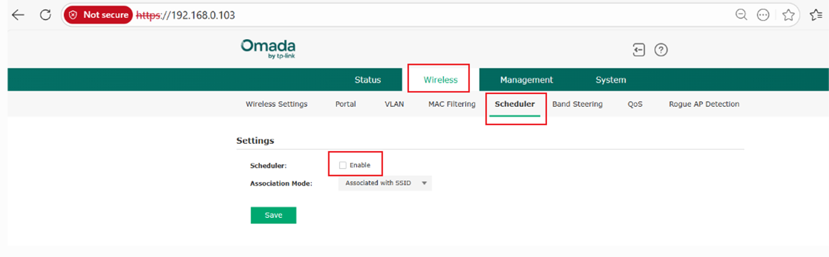 Screenshot of Omada Standalone mode path to Enable Schedule.