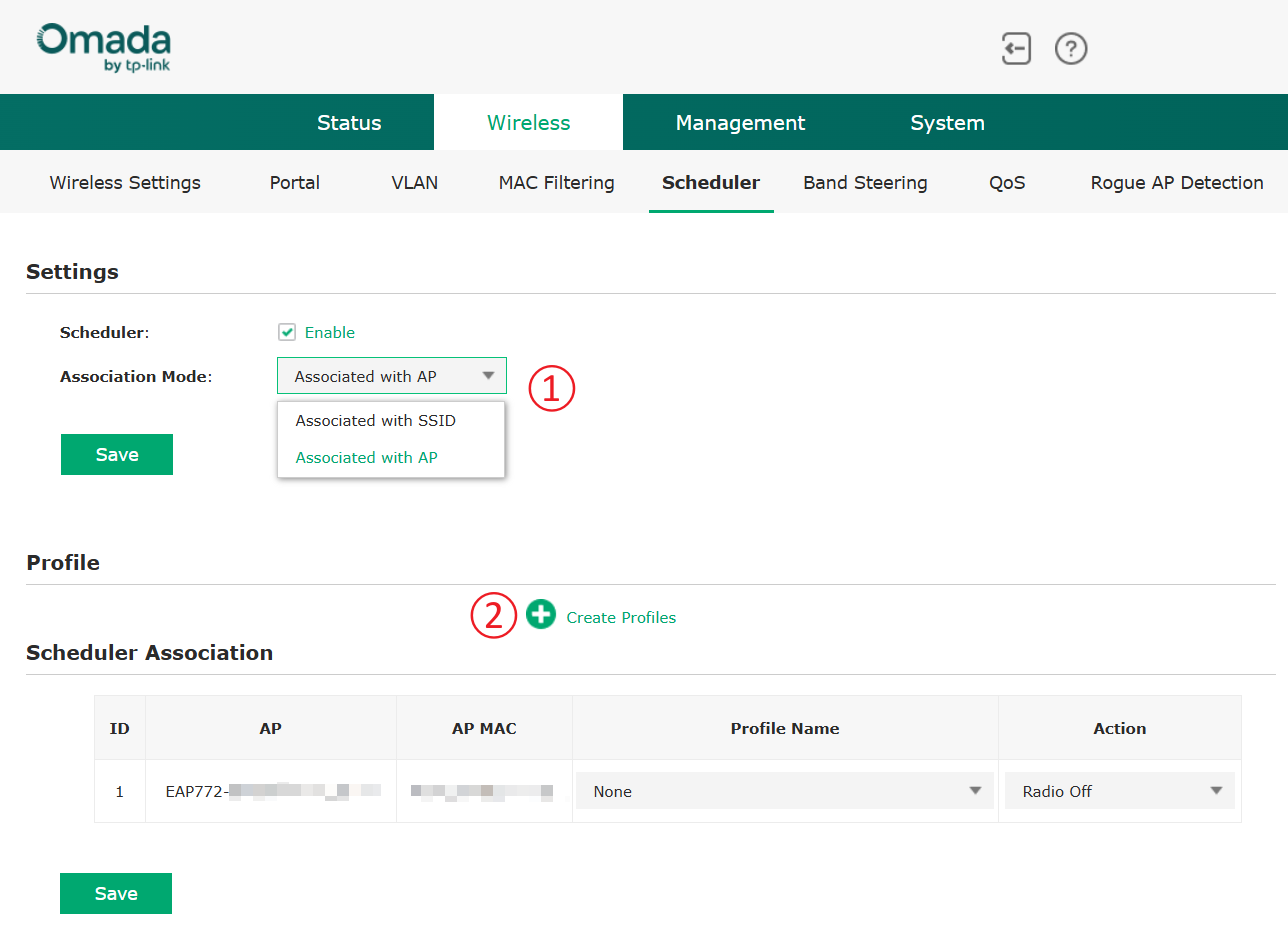 Screenshot of Omada Standalone path to Choose Association Mode and create Profile.