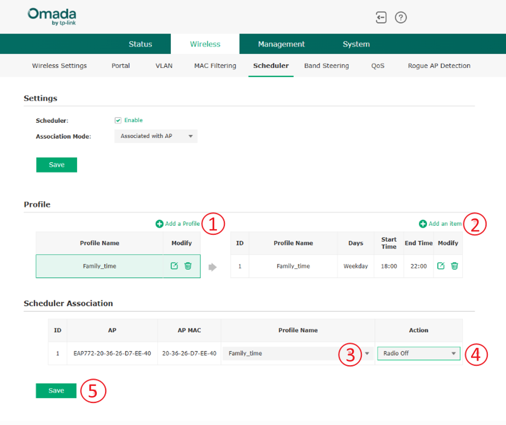 Screenshot of Omada Standalone path to Add Schedule profle and associate it with the AP or SSID(s).