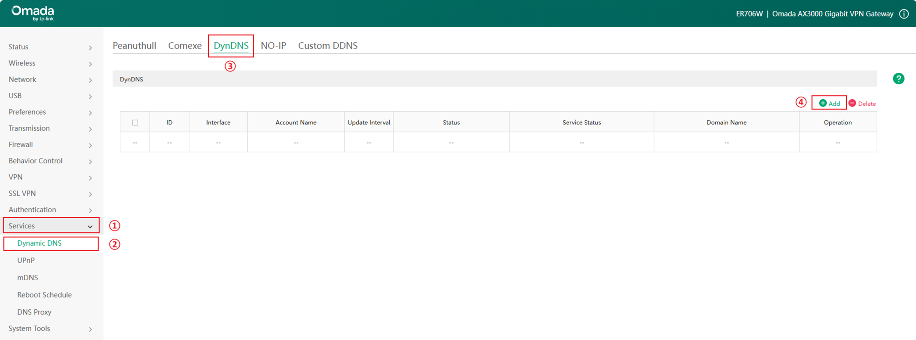 The position to add a new Dynamic DNS entry on web management page.
