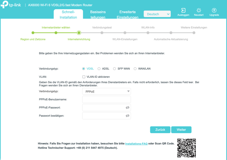 Schnittstelle für die Internetkonfiguration