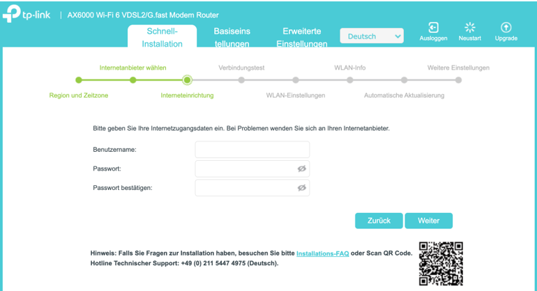 Schnittstelle für die Internetkonfiguration