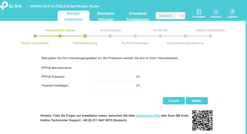 Schnittstelle für die Internetkonfiguration