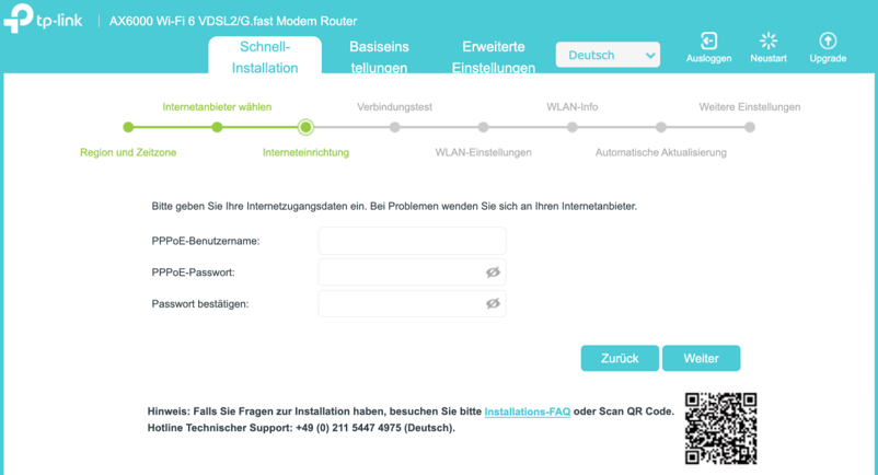 Schnittstelle für die Internetkonfiguration