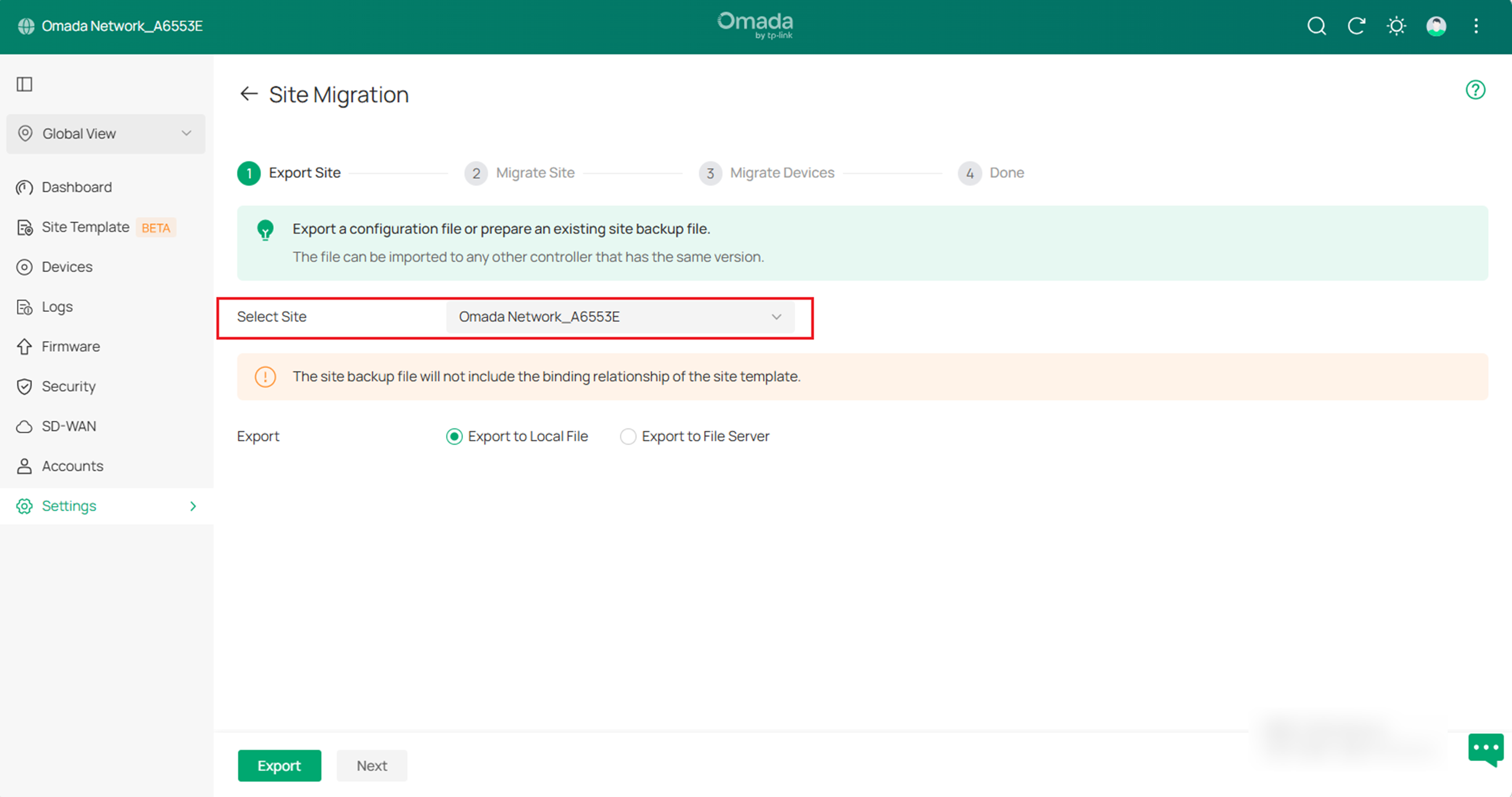 Export site configuration and save the backup file.