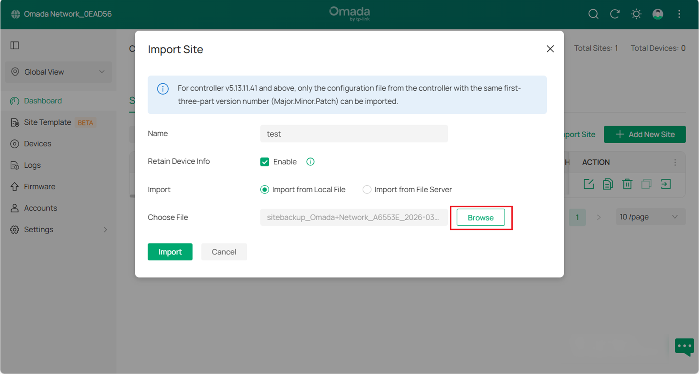 Import the site backup file into the target controller.