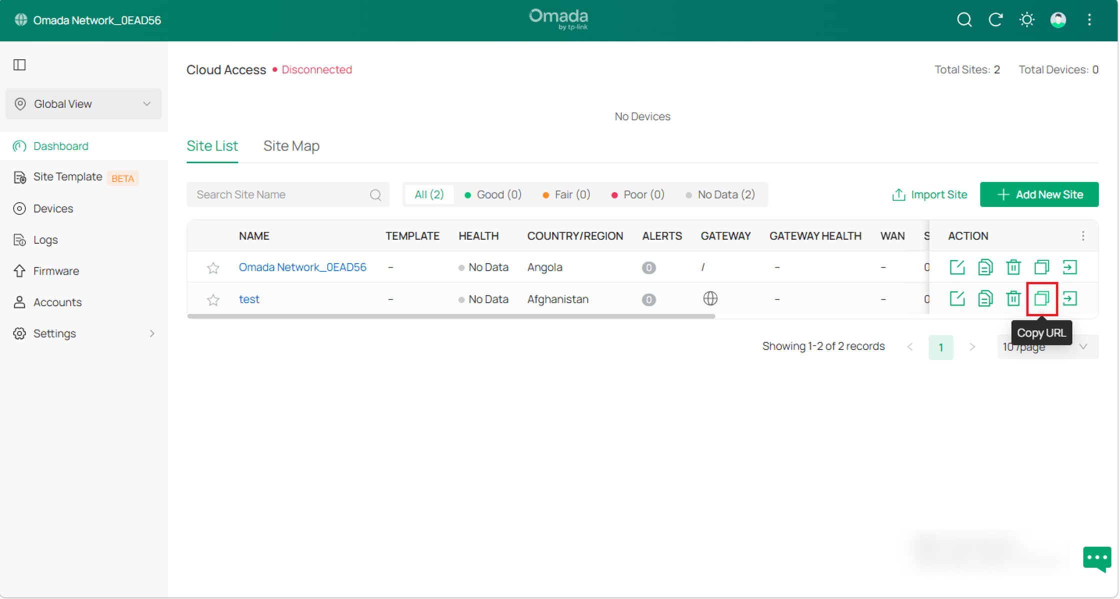 Show the location of the site URL.
