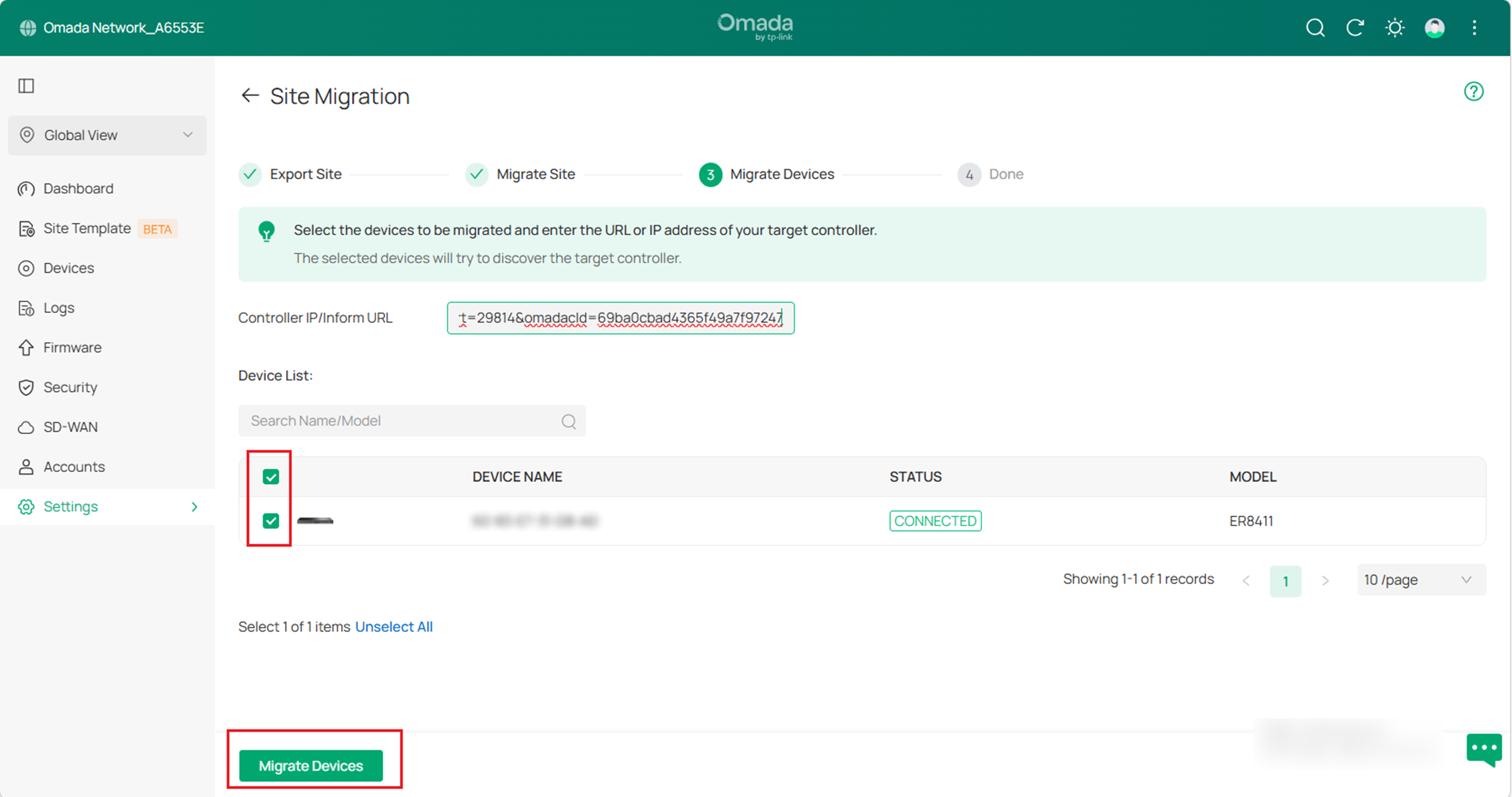 Select the devices to migrate to the target controller.