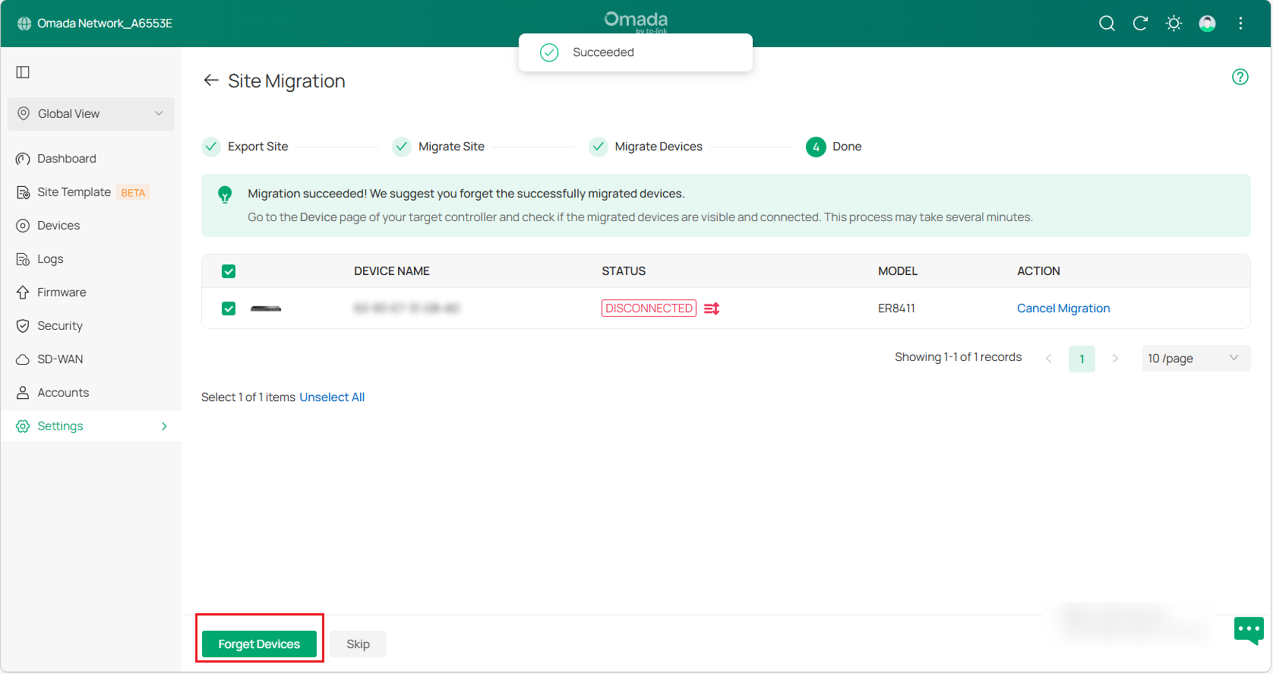 Complete the device migration and forget the device in the old site.