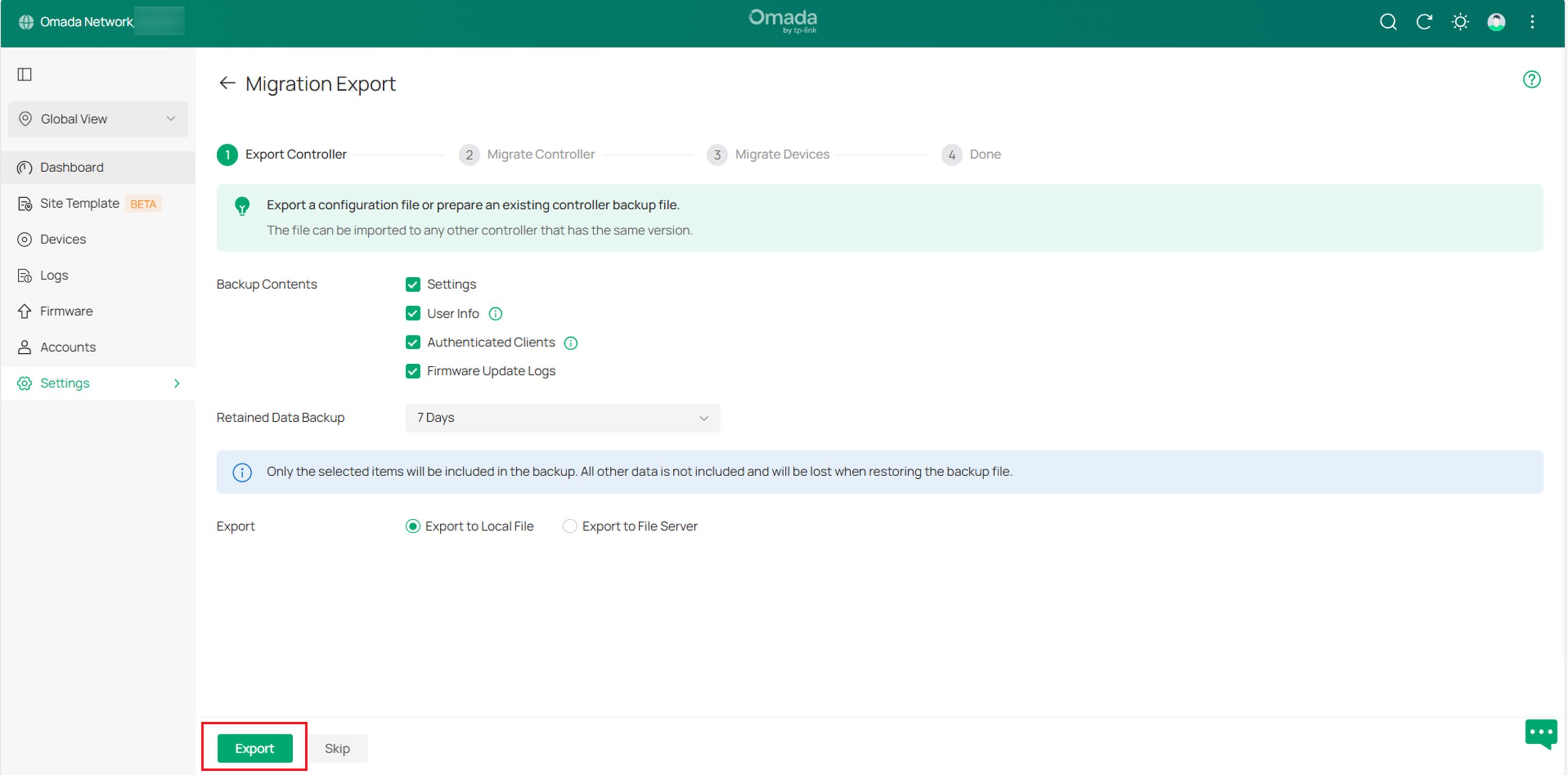 Export and save the controller backup file.