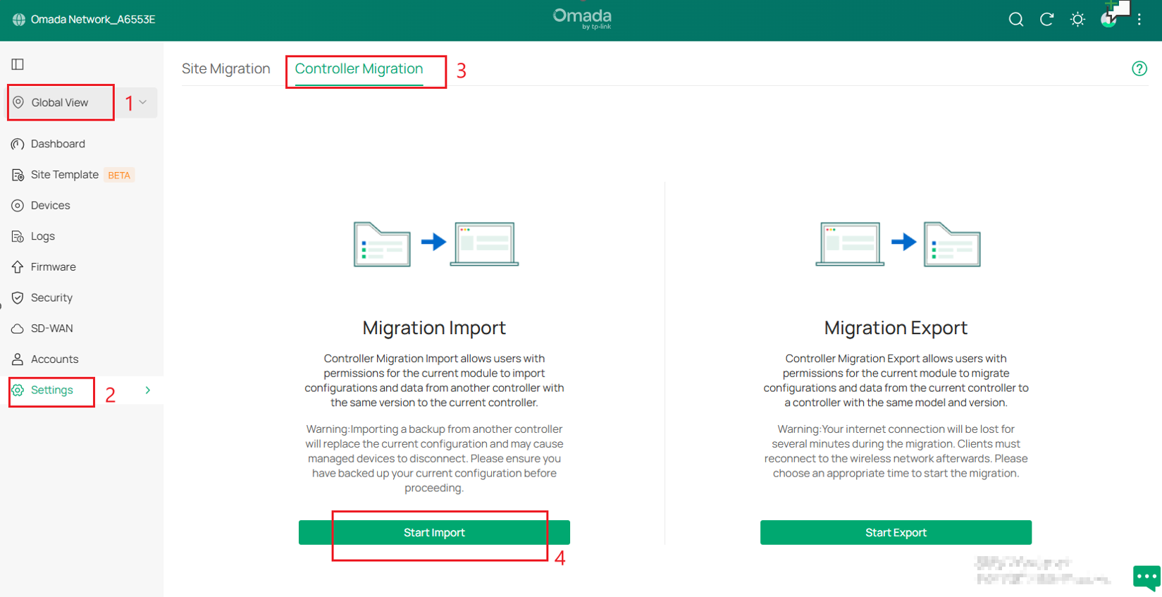 Import the saved backup file into the target controller.