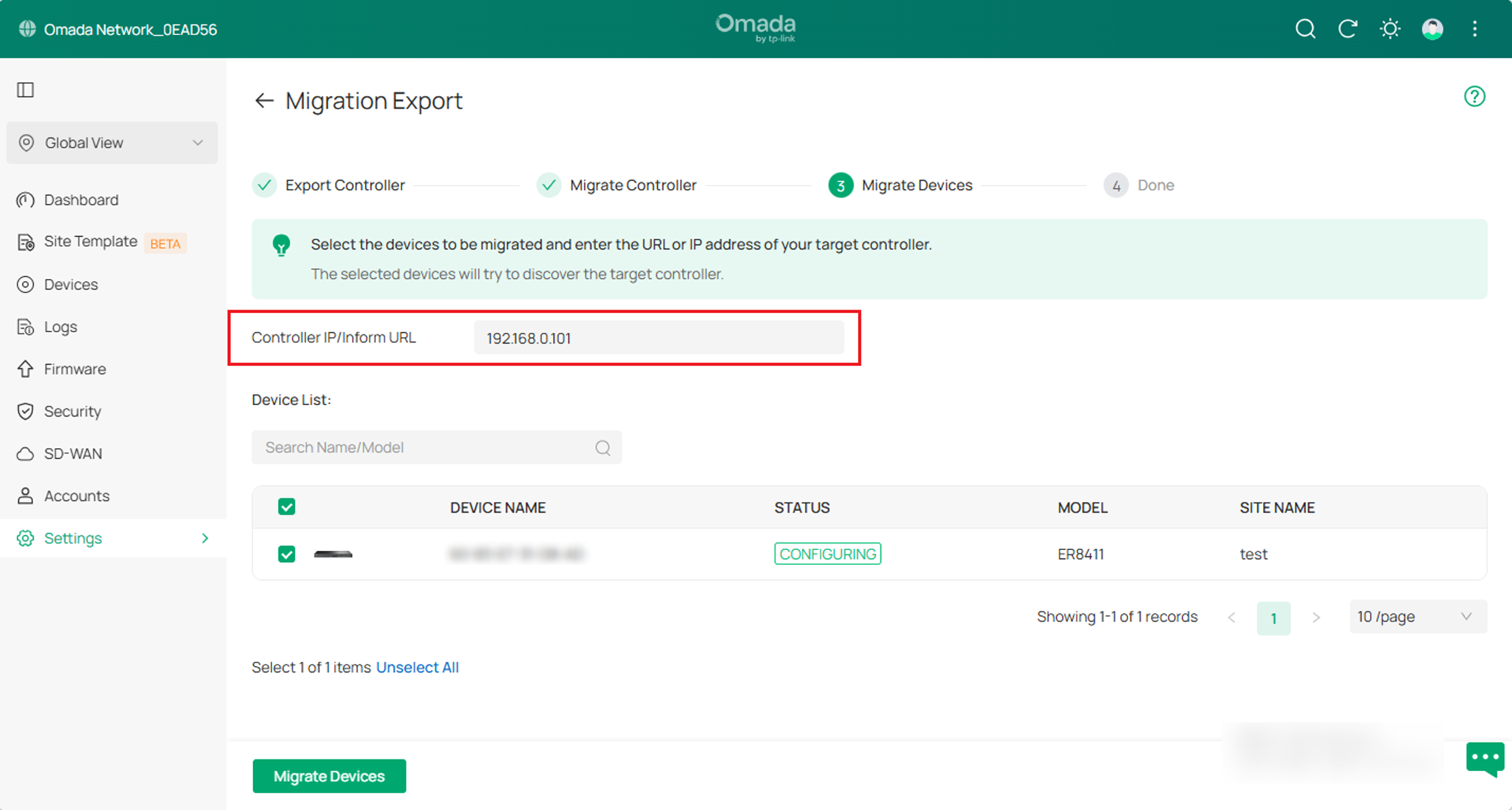 Enter the Controller IP/Inform URL of the target controller.