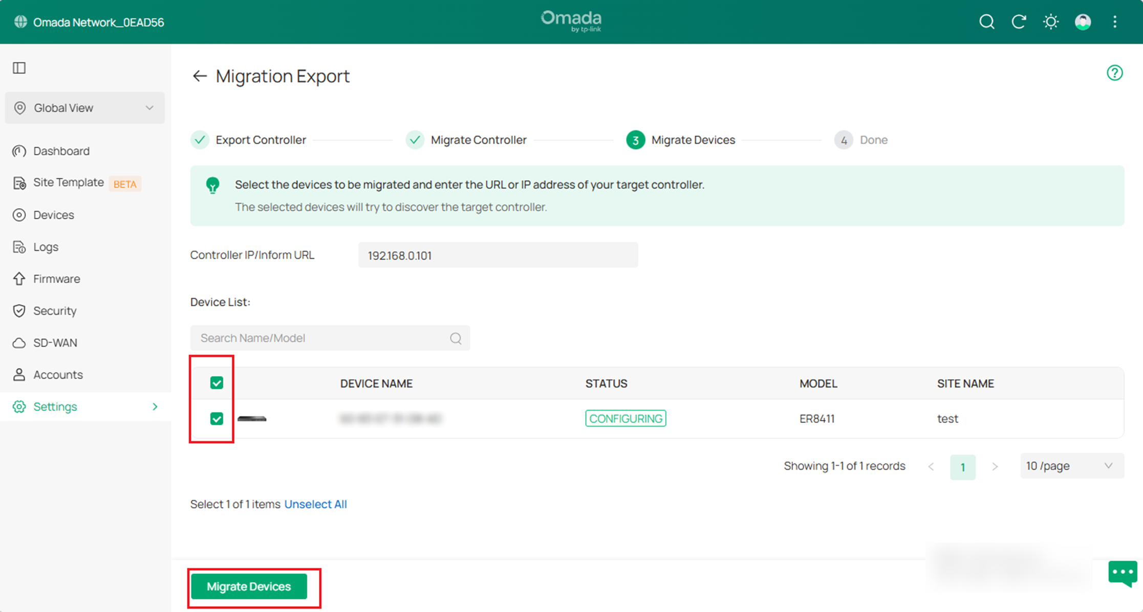 Select the devices to migrate and show the location of the migrate device button.